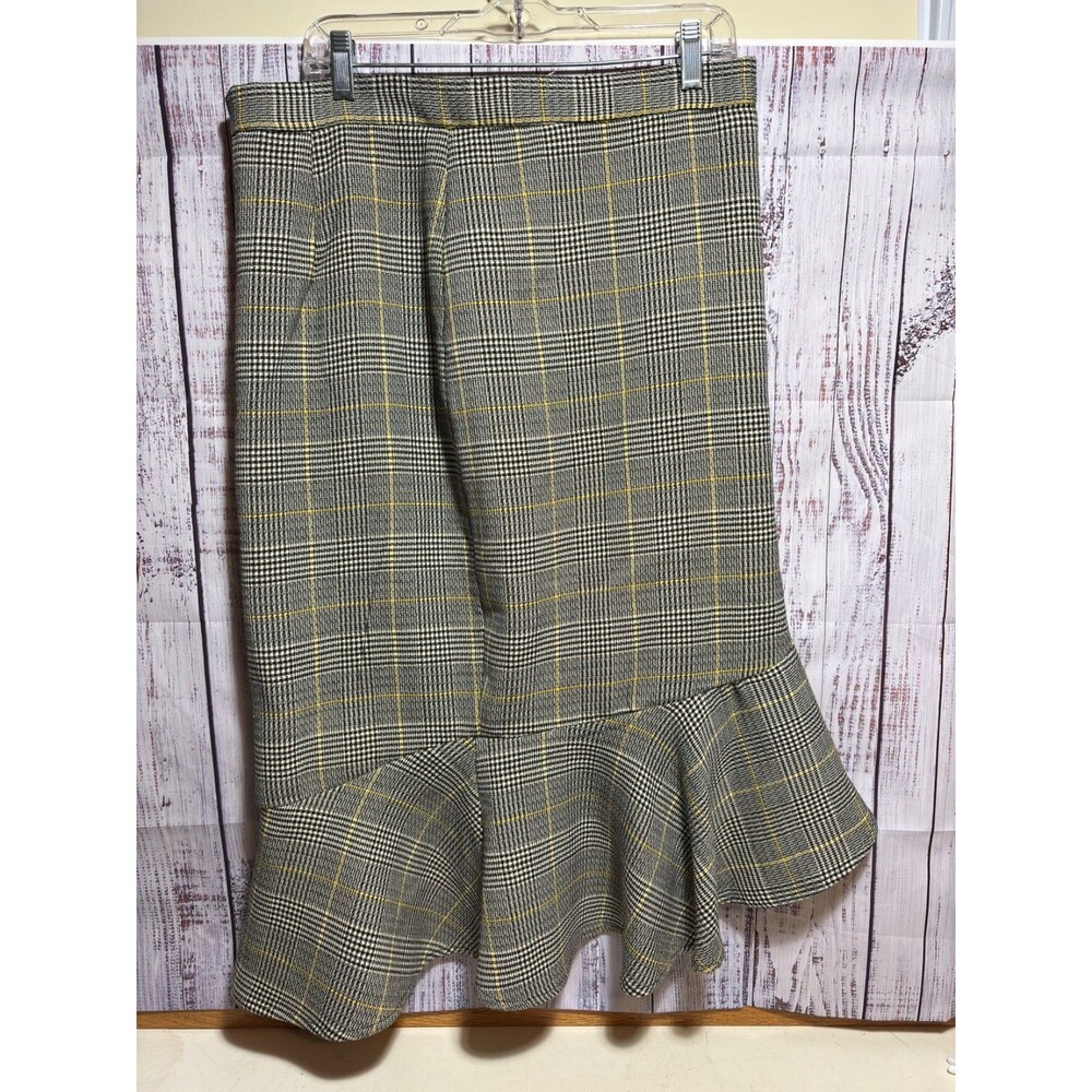 New York & Company Houndstooth Gray Yellow Ruffle-Front Skirt Size 14
